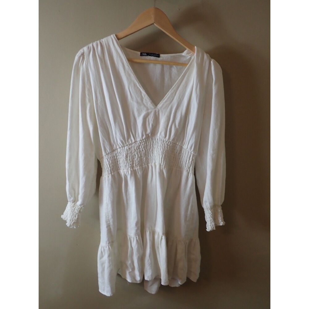 ZARA New Oyster White Bohemian Linen Blend Short Dress Large Summer Boho